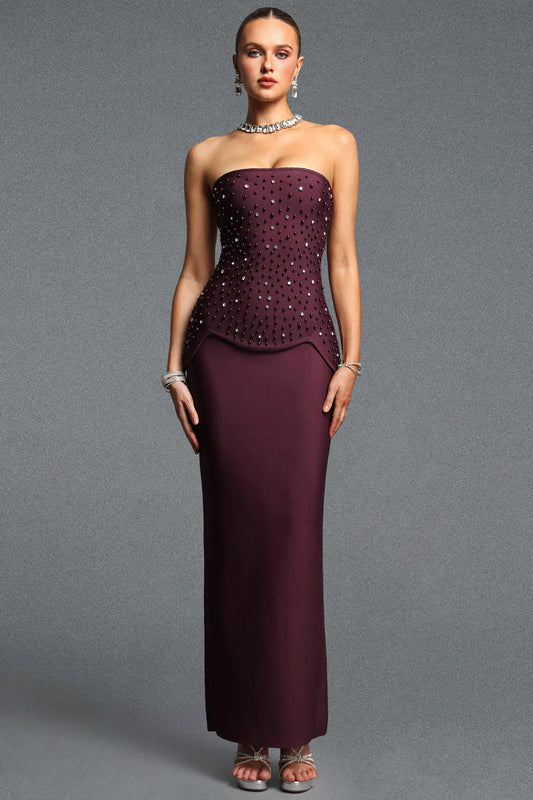 Deep Plum Strapless Jeweled Corset Gown