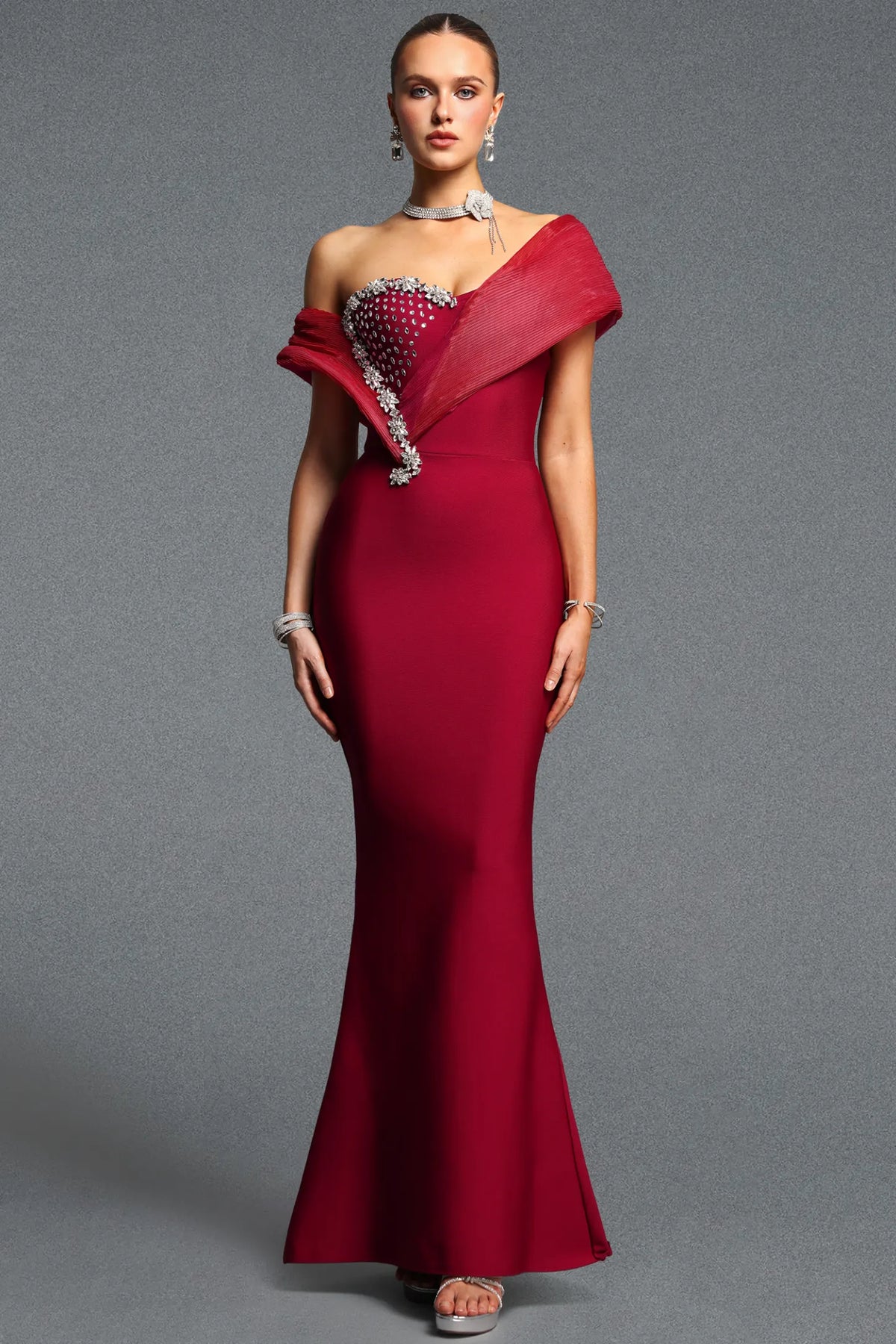 Crimson Embellished Off-the-Shoulder Mermaid Gown