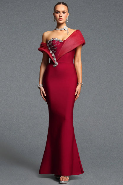 Crimson Embellished Off-the-Shoulder Mermaid Gown