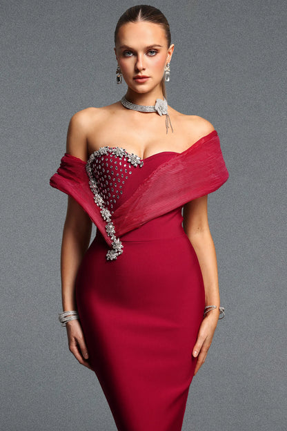 Crimson Embellished Off-the-Shoulder Mermaid Gown