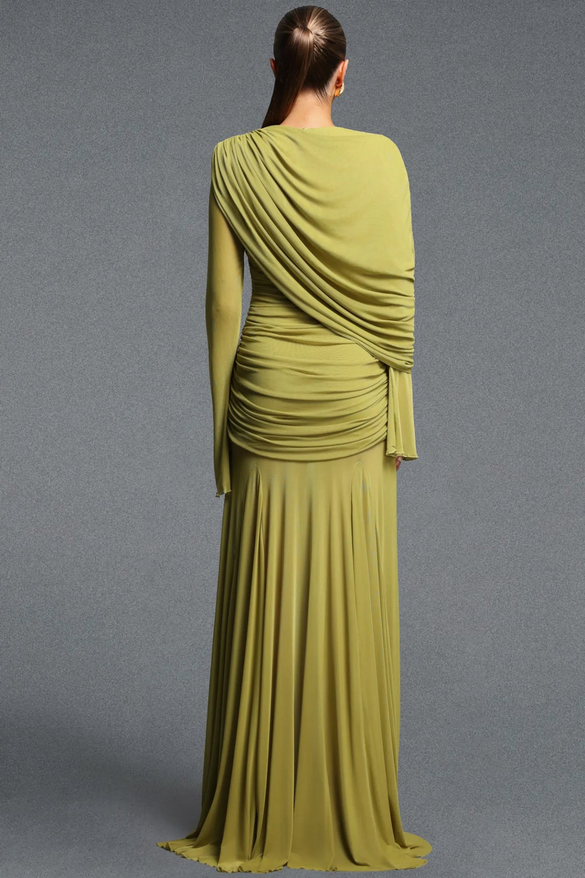 Elegant Lime Green Flowy Gown with Flared Sleeves