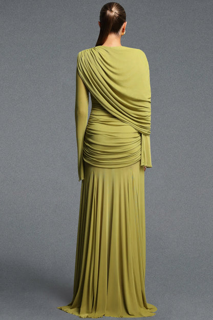 Elegant Lime Green Flowy Gown with Flared Sleeves