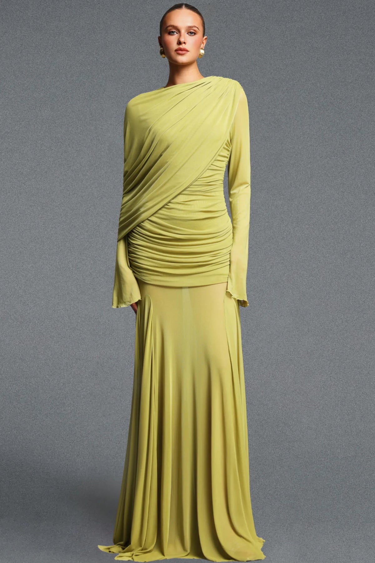Elegant Lime Green Flowy Gown with Flared Sleeves