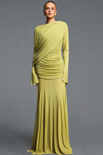 Elegant Lime Green Flowy Gown with Flared Sleeves