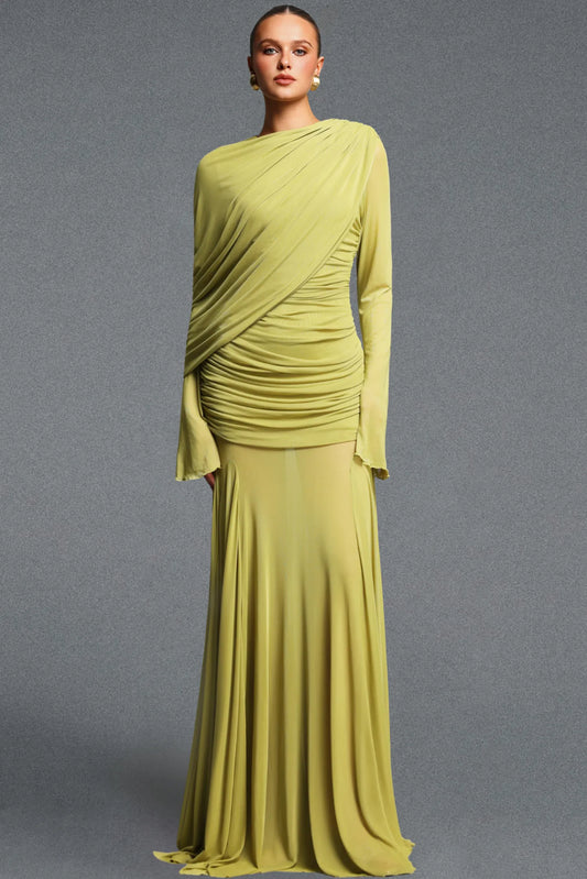 Elegant Lime Green Flowy Gown with Flared Sleeves