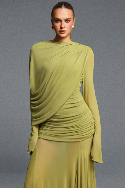 Elegant Lime Green Flowy Gown with Flared Sleeves