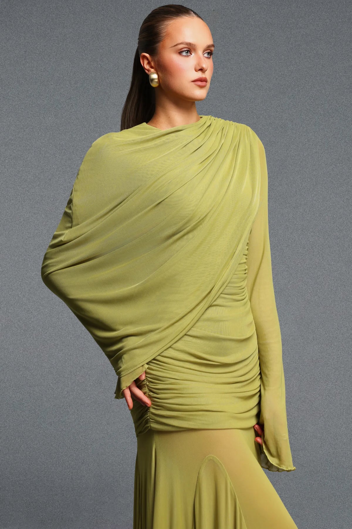 Elegant Lime Green Flowy Gown with Flared Sleeves