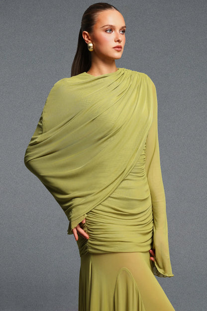 Elegant Lime Green Flowy Gown with Flared Sleeves