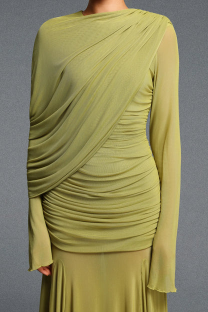 Elegant Lime Green Flowy Gown with Flared Sleeves