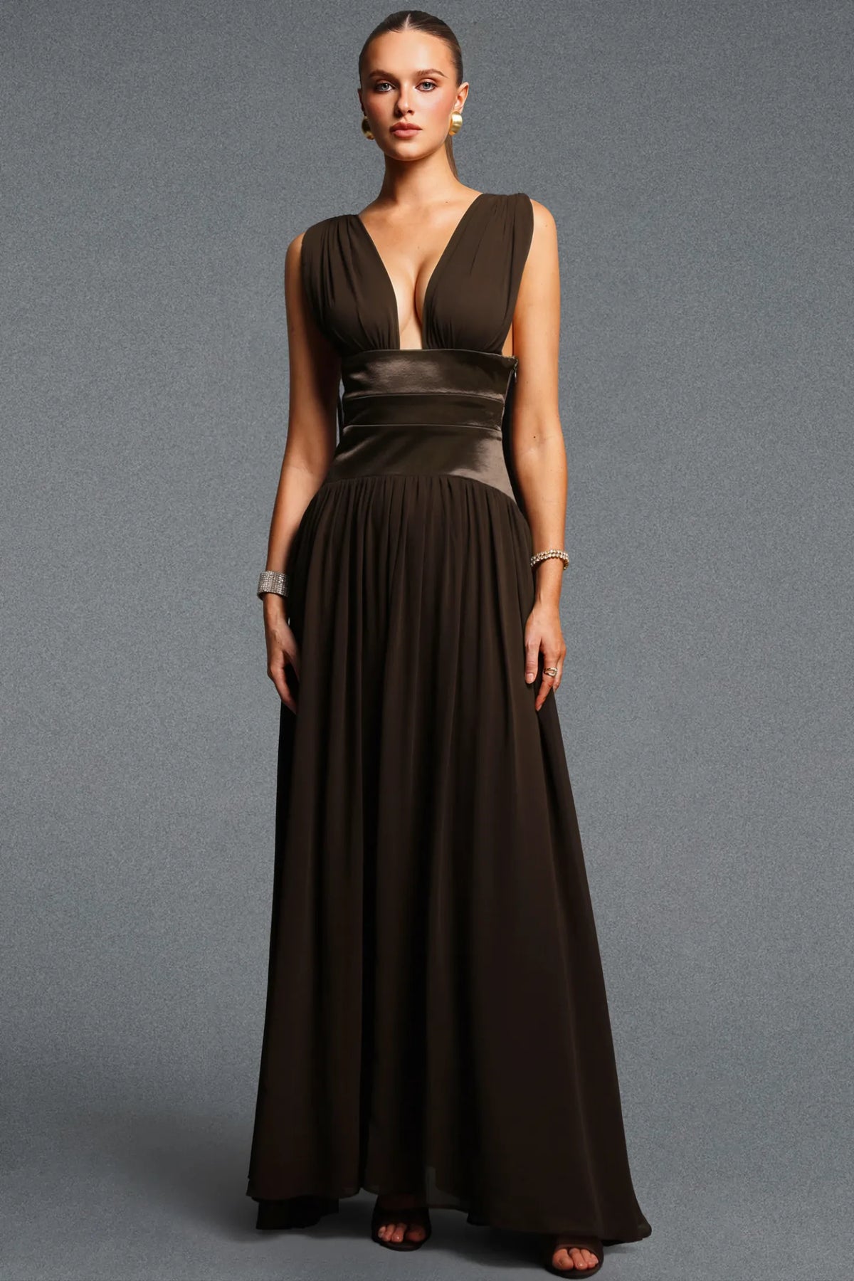 Chocolate Brown Plunging V-Neck Chiffon Gown