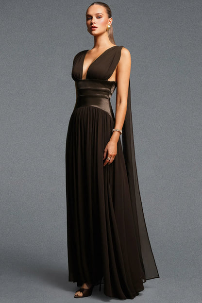 Chocolate Brown Plunging V-Neck Chiffon Gown