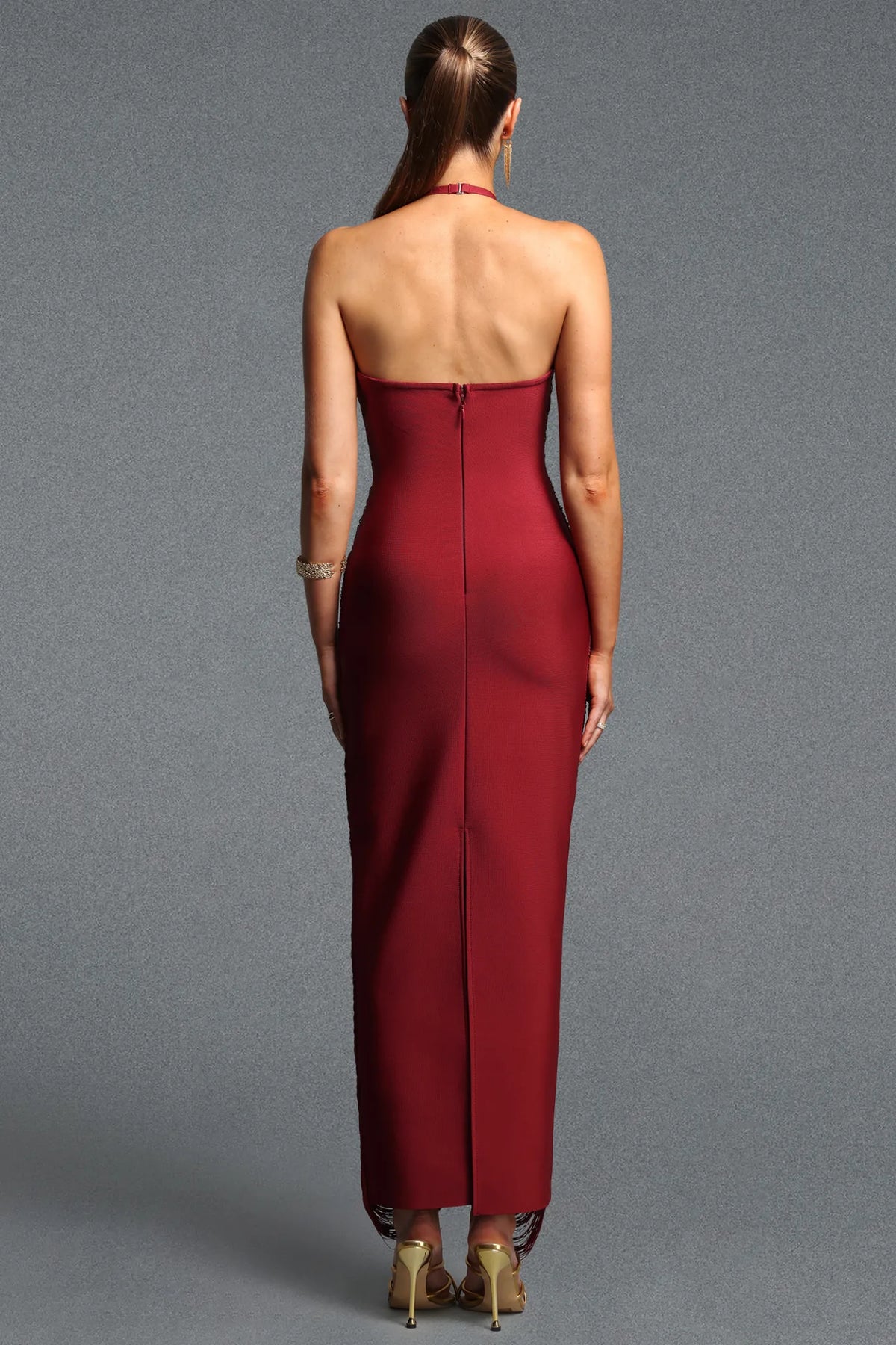 Crimson Cascading Thread Evening Dress