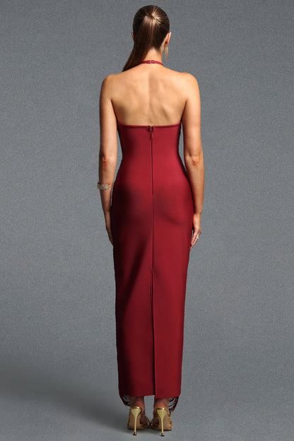 Crimson Cascading Thread Evening Dress
