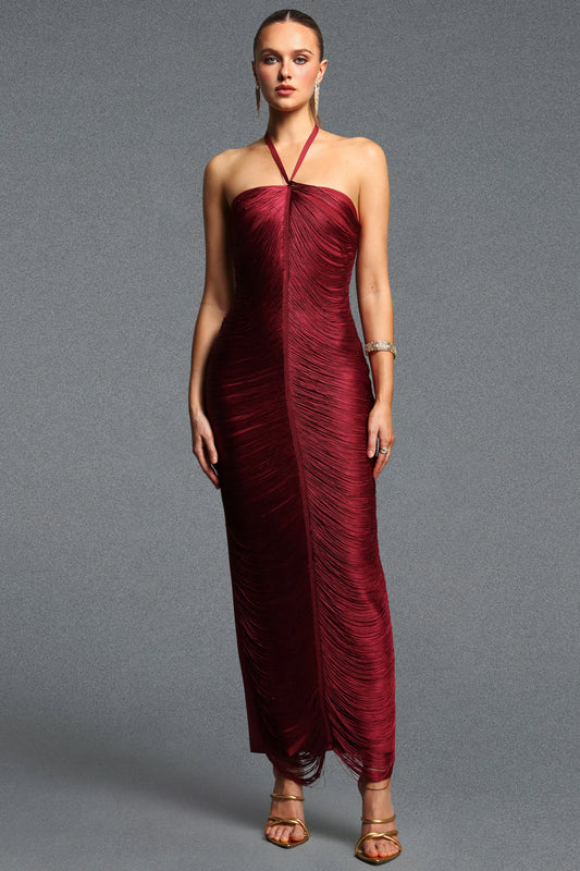 Crimson Cascading Thread Evening Dress