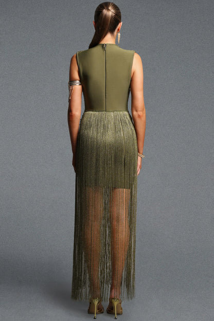 Metallic Olive High-Neck Gown with Cascading Fringe