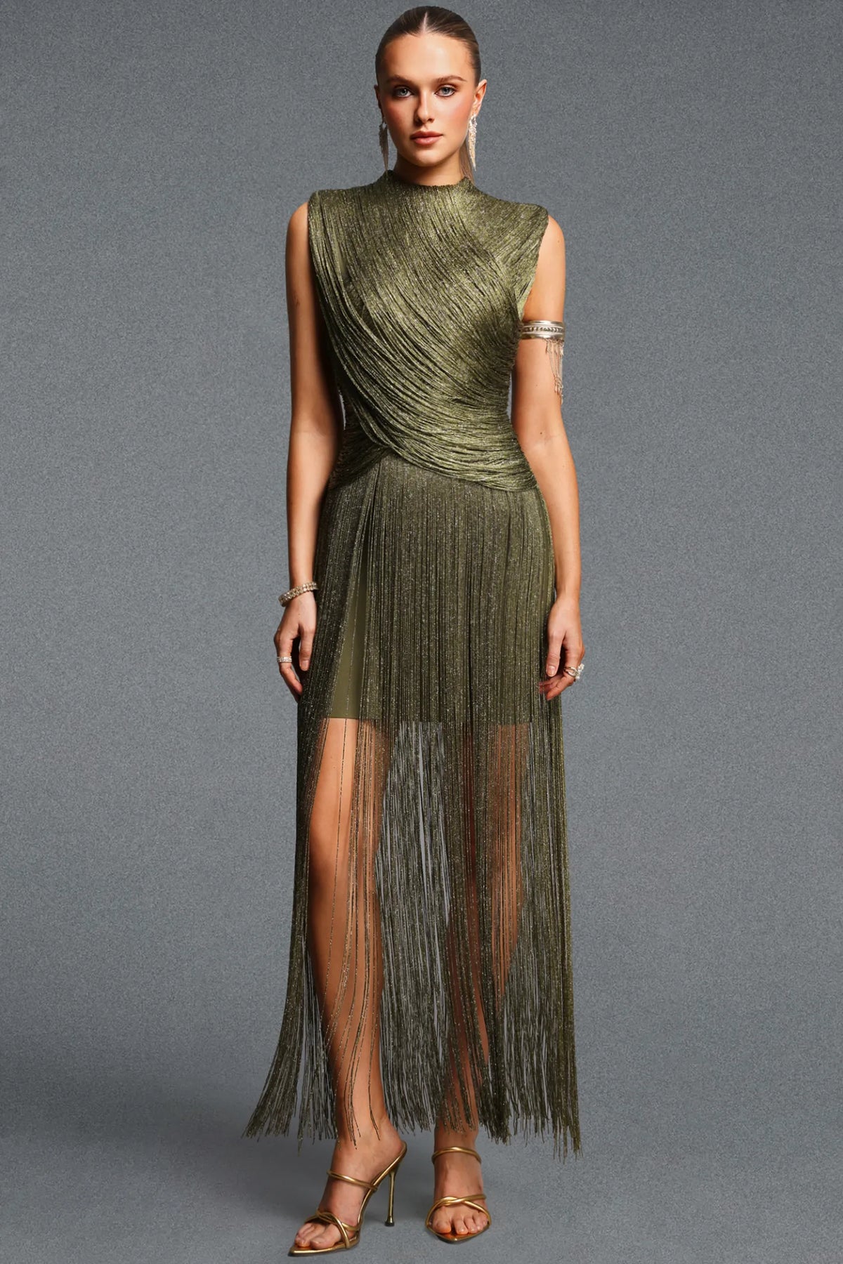 Metallic Olive High-Neck Gown with Cascading Fringe
