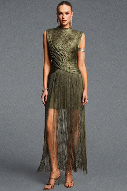 Metallic Olive High-Neck Gown with Cascading Fringe