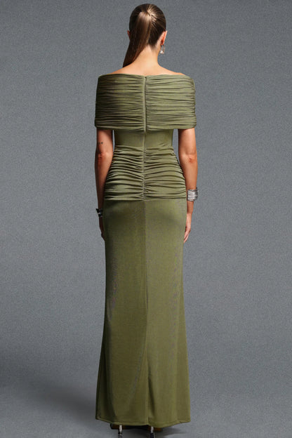Draped Khaki Evening Dress with Metallic Accent