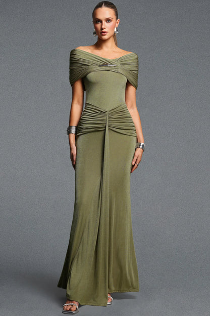 Draped Khaki Evening Dress with Metallic Accent