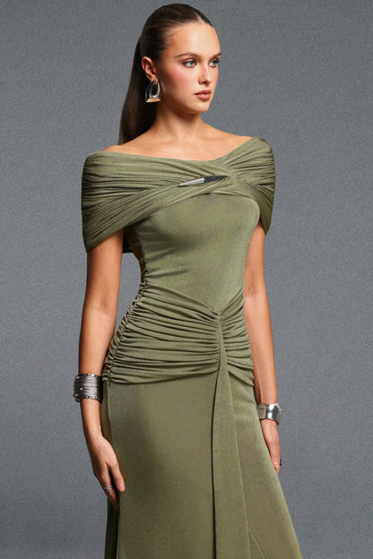 Draped Khaki Evening Dress with Metallic Accent