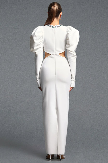 Gemstone Embellished White Column Dress