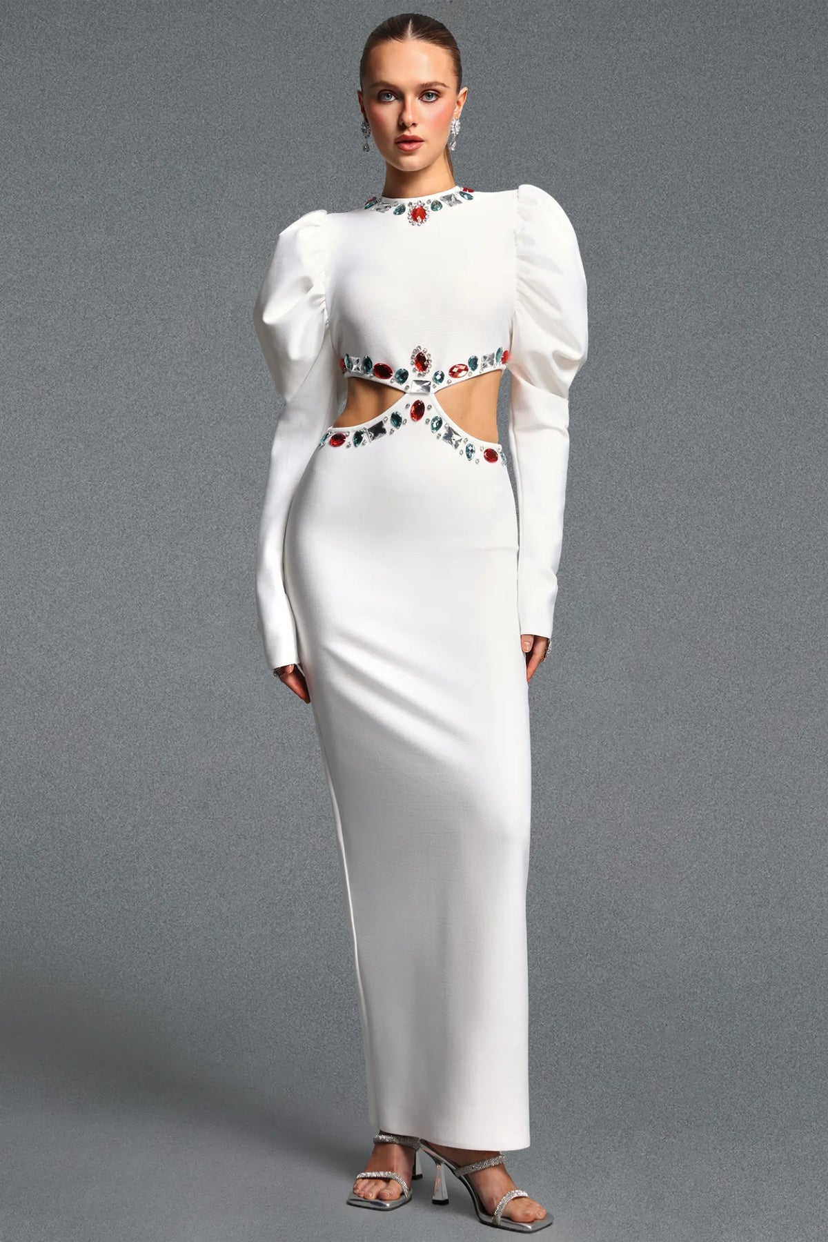 Gemstone Embellished White Column Dress