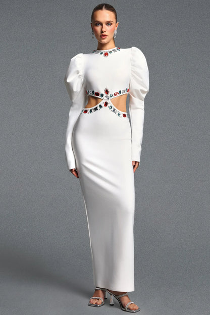 Gemstone Embellished White Column Dress