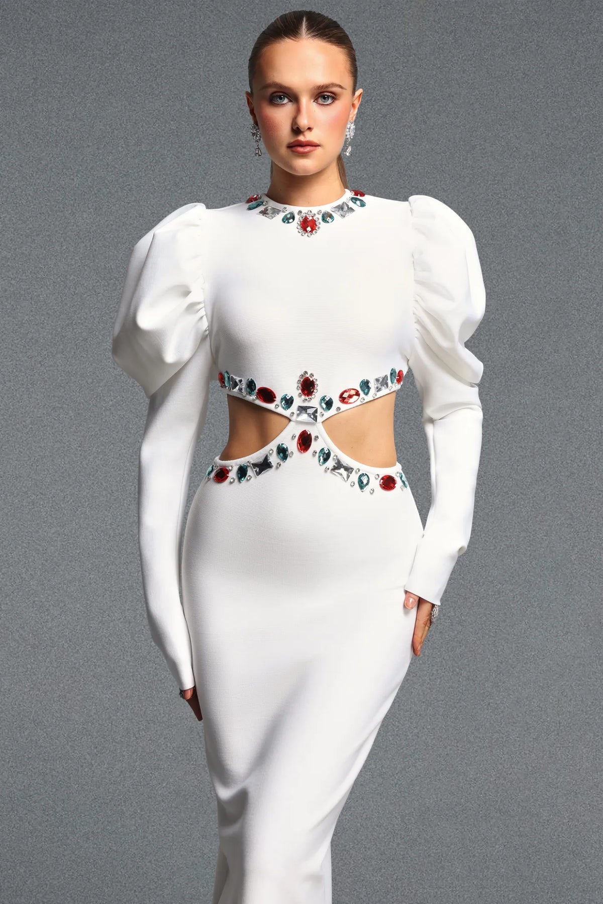 Gemstone Embellished White Column Dress