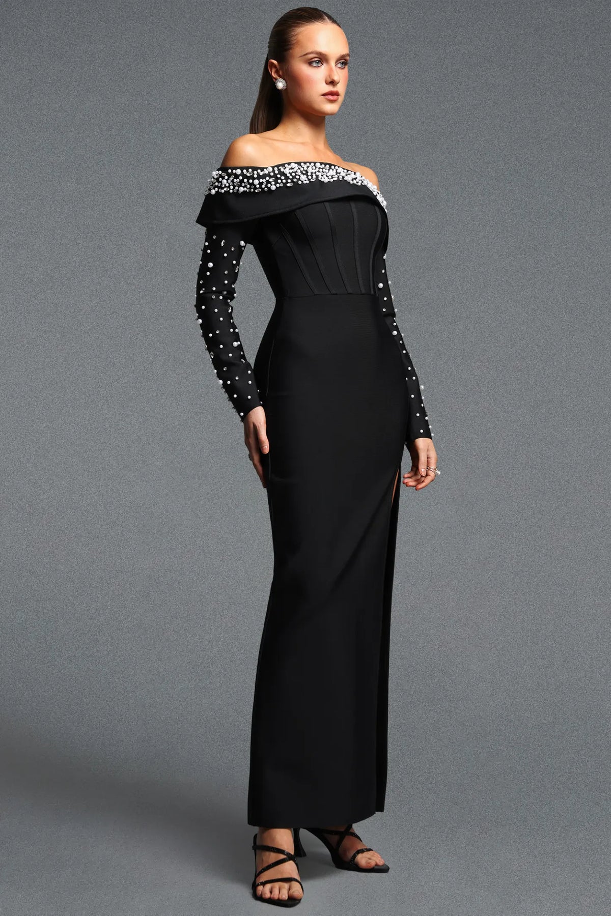 Black Off-the-Shoulder Pearl Embellished Corset Gown