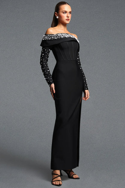 Black Off-the-Shoulder Pearl Embellished Corset Gown