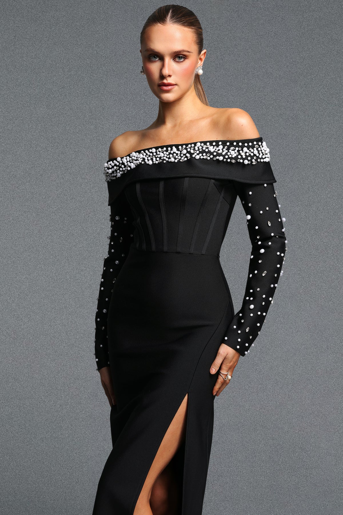 Black Off-the-Shoulder Pearl Embellished Corset Gown