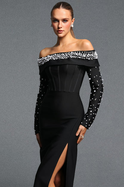 Black Off-the-Shoulder Pearl Embellished Corset Gown