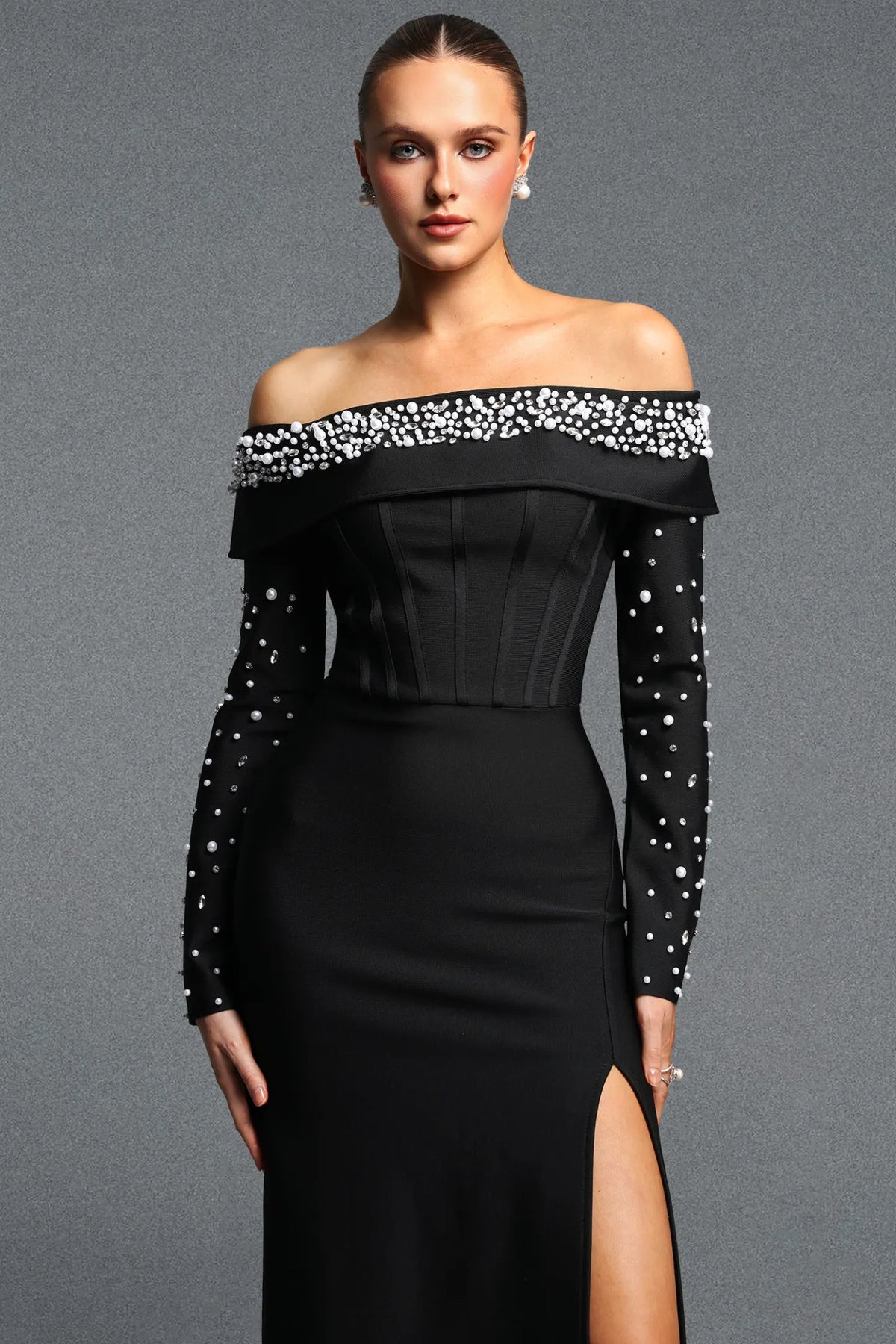 Black Off-the-Shoulder Pearl Embellished Corset Gown
