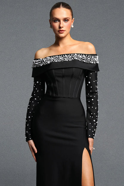 Black Off-the-Shoulder Pearl Embellished Corset Gown