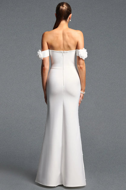White 3D Floral Off-the-Shoulder Pearl Gown
