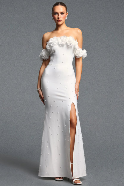 White 3D Floral Off-the-Shoulder Pearl Gown