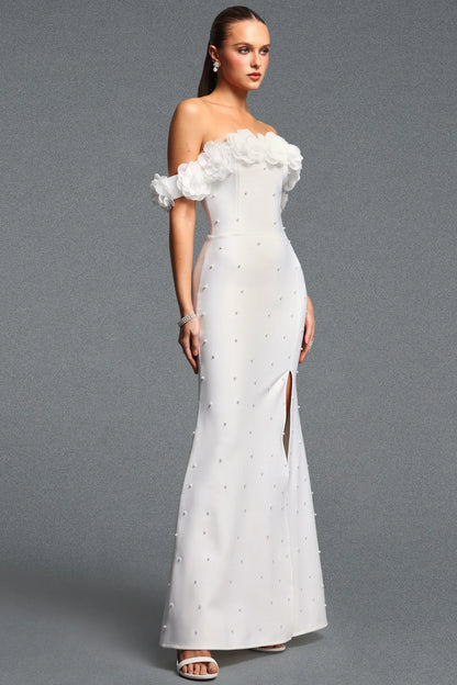 White 3D Floral Off-the-Shoulder Pearl Gown
