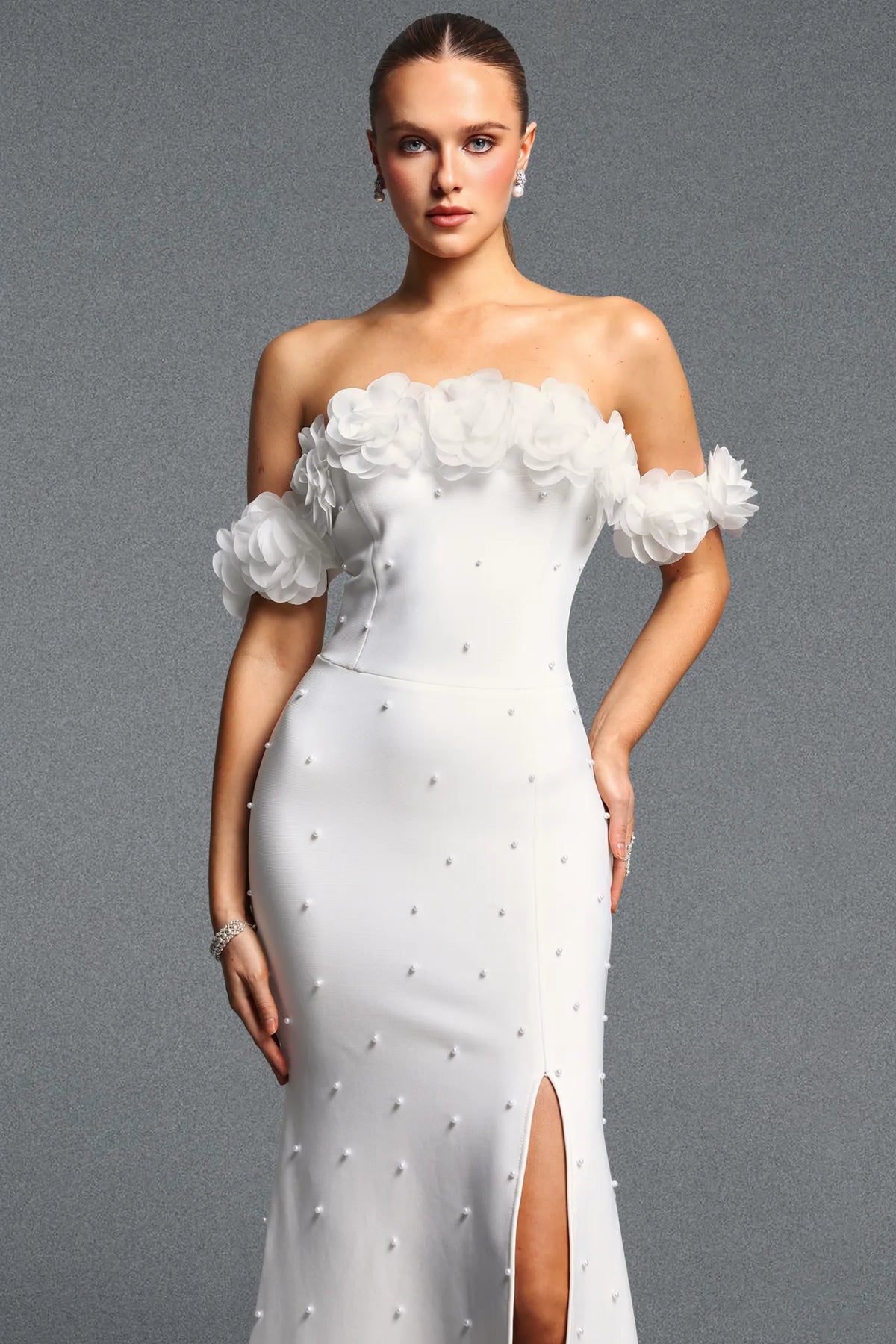 White 3D Floral Off-the-Shoulder Pearl Gown