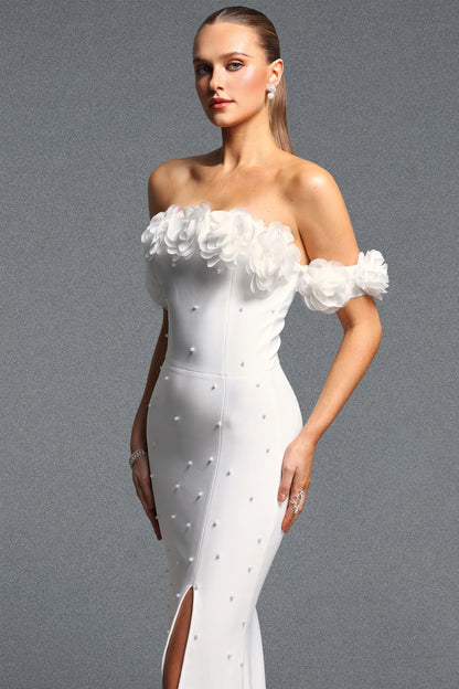White 3D Floral Off-the-Shoulder Pearl Gown