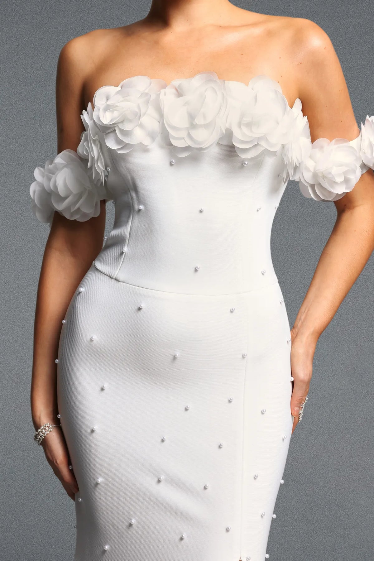 White 3D Floral Off-the-Shoulder Pearl Gown
