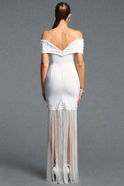 White Pearl-Embellished Off-the-Shoulder Fringe Gown