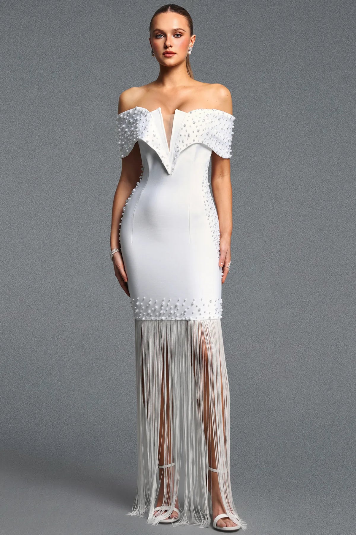 White Pearl-Embellished Off-the-Shoulder Fringe Gown