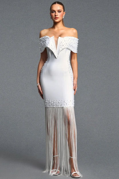 White Pearl-Embellished Off-the-Shoulder Fringe Gown