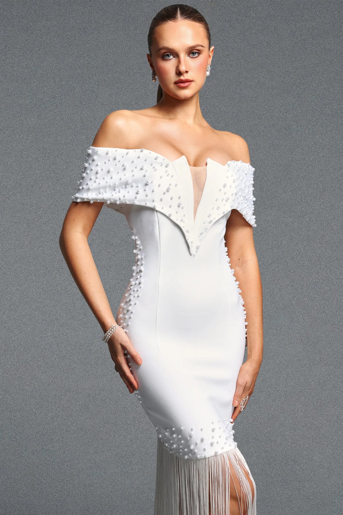 White Pearl-Embellished Off-the-Shoulder Fringe Gown