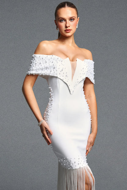White Pearl-Embellished Off-the-Shoulder Fringe Gown