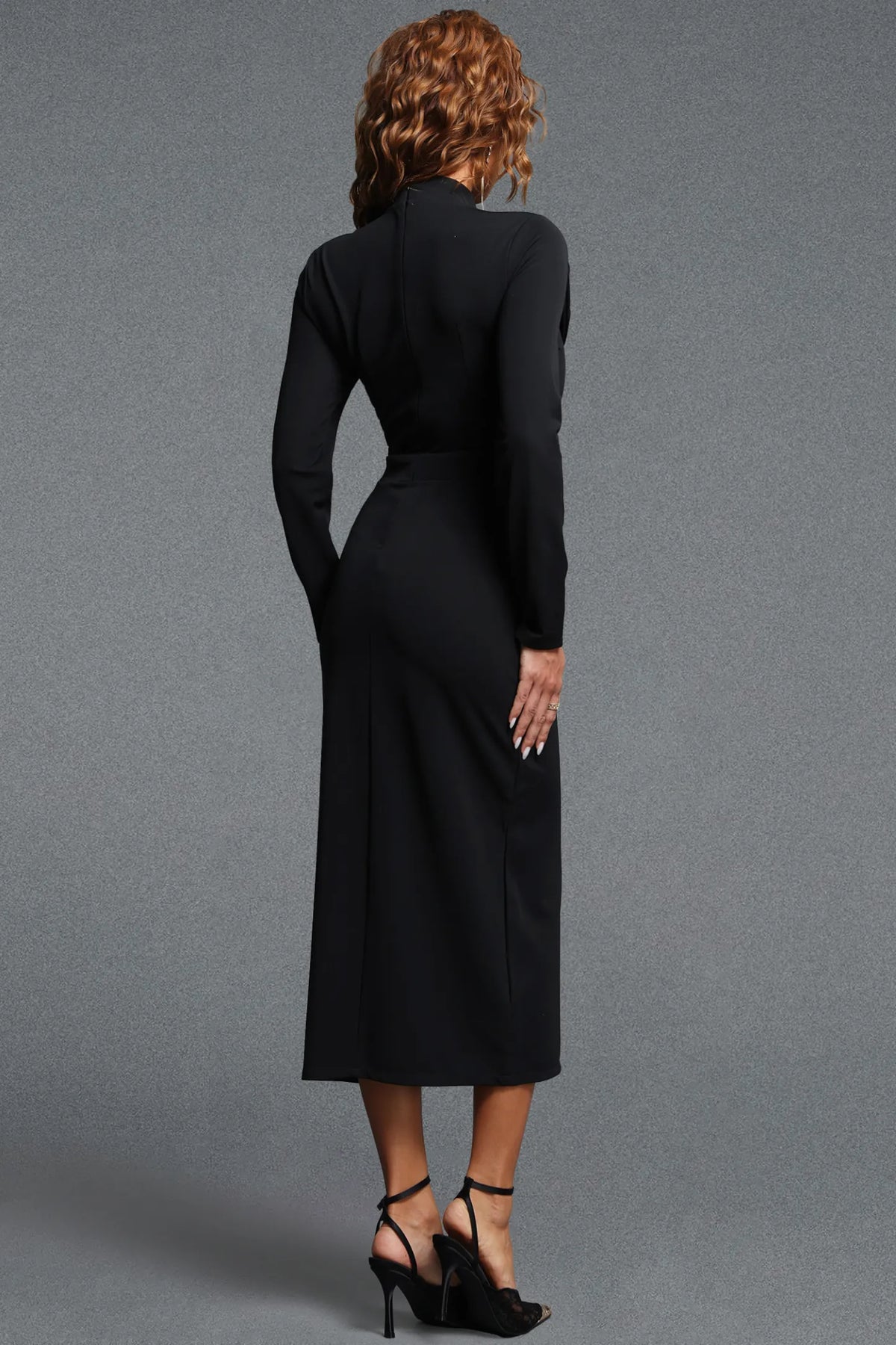 Sophisticated Black Pencil Dress with Oversized Bow and Front Slit