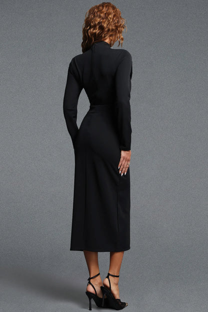 Sophisticated Black Pencil Dress with Oversized Bow and Front Slit