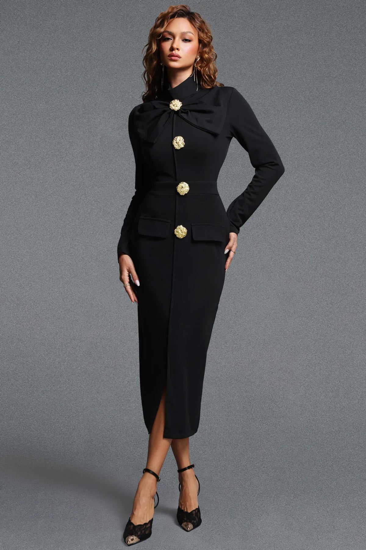 Sophisticated Black Pencil Dress with Oversized Bow and Front Slit