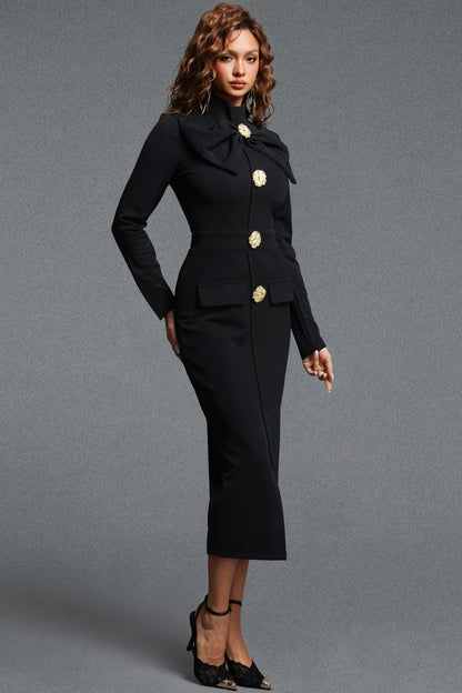 Sophisticated Black Pencil Dress with Oversized Bow and Front Slit