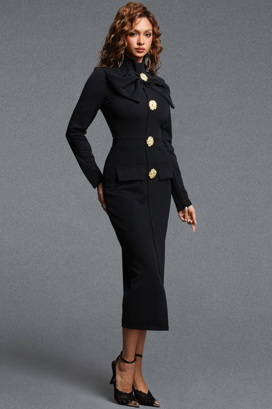 Sophisticated Black Pencil Dress with Oversized Bow and Front Slit